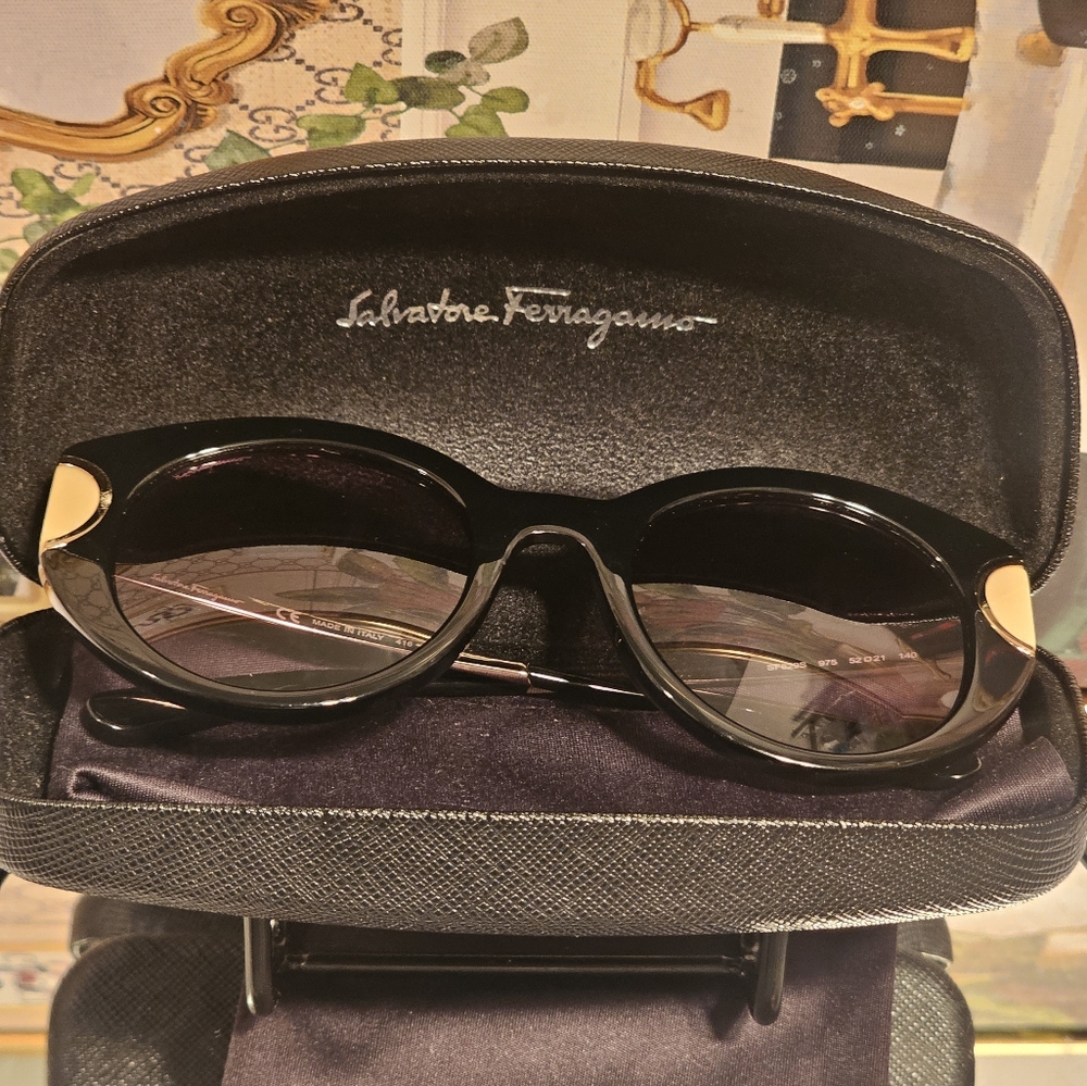 Authentic Salvatore Ferragamo Oval Black and Gold Oval Sunglasses - Picture 3 of 16
